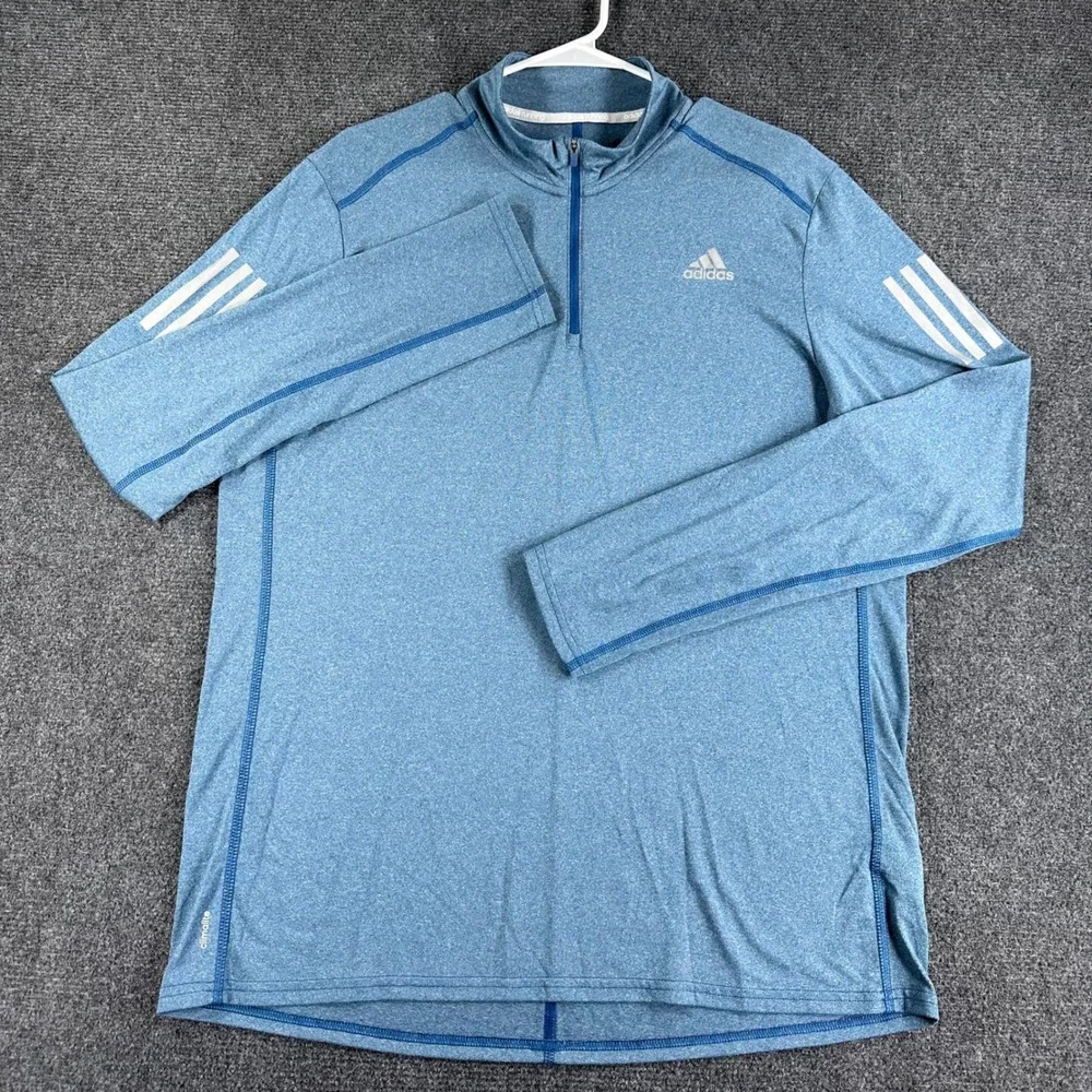 Adidas Pullover Mens L Large Blue Climalite Running 1/4 Zip Long Sleeve Shirt